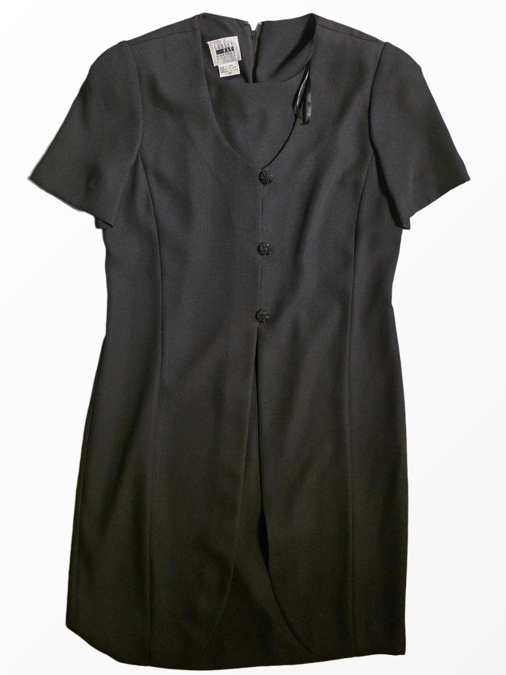 VINTAGE Leslie Fay Black Short Sleeve Button-Front Sheath Dress